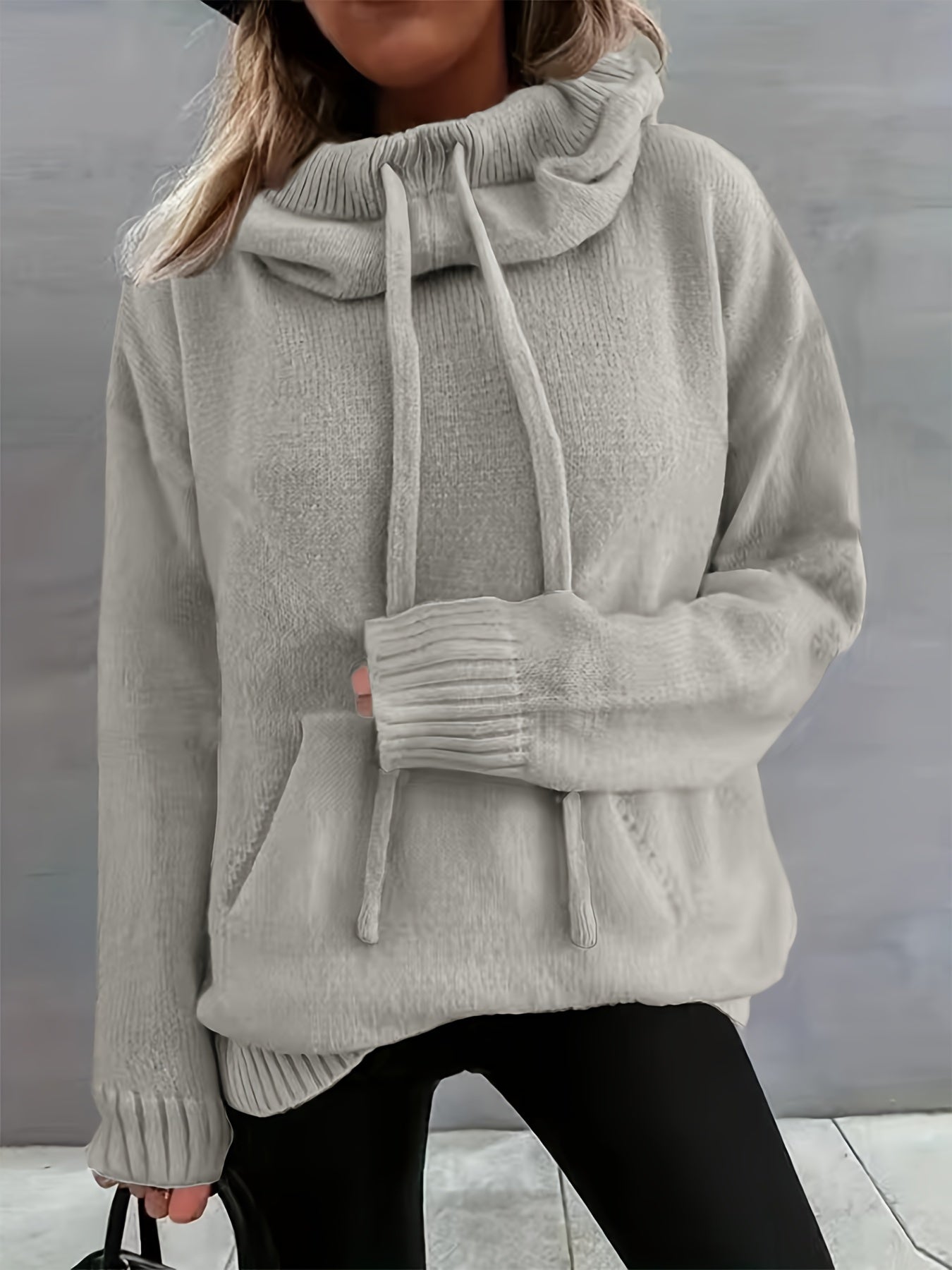 Comfortable Knit Sweater for Women with Cowl Neck Long Sleeve Drawstring Oversized Relaxed Style