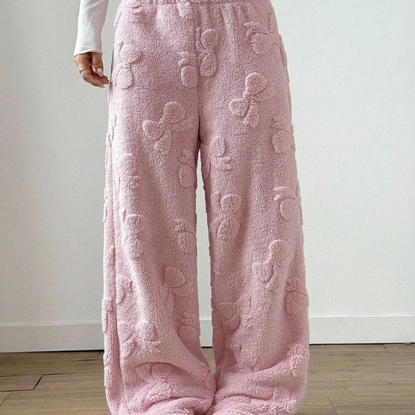 Comfortable Pink Sherpa Wide Leg Pants for Women with High Waist Elastic Bow Print Cozy Style