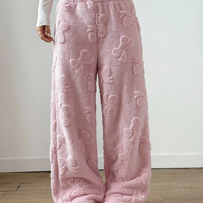 Comfortable Pink Sherpa Wide Leg Pants for Women with High Waist Elastic Bow Print Cozy Style