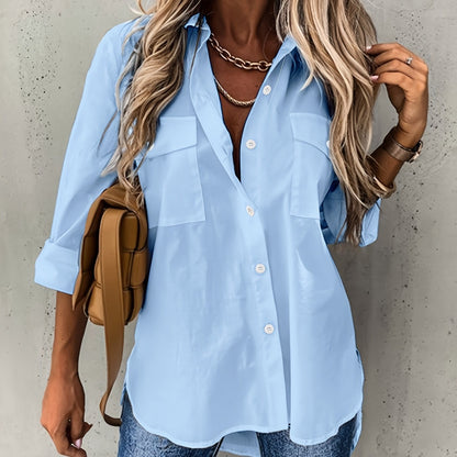 Effortless Utility Blouse for Women with Collar Long Sleeve Button Front Patch Pocket Relaxed Style