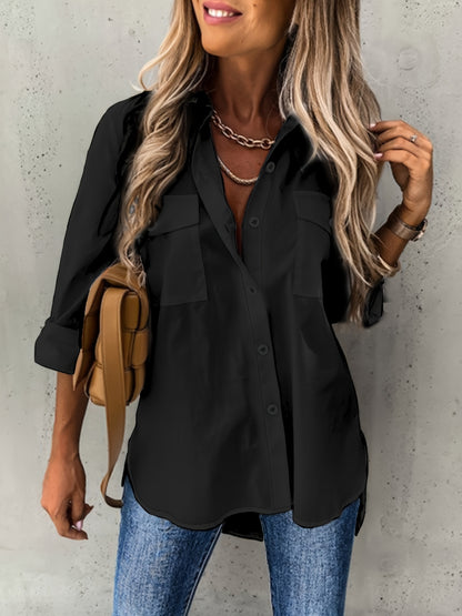 Effortless Utility Blouse for Women with Collar Long Sleeve Button Front Patch Pocket Relaxed Style