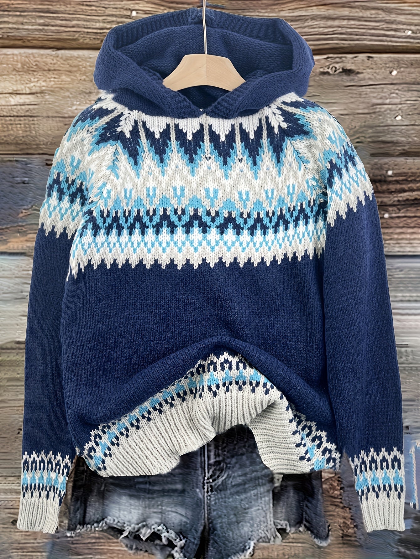 Comfortable Fair Isle Print Sweater for Women with Hooded Long Sleeve Relaxed Oversized Knit Style