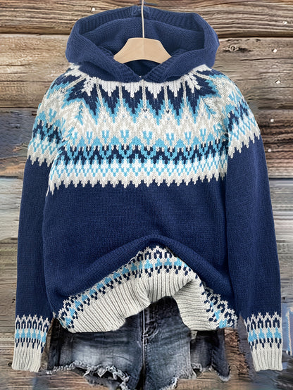 Comfortable Fair Isle Print Sweater for Women with Hooded Long Sleeve Relaxed Oversized Knit Style