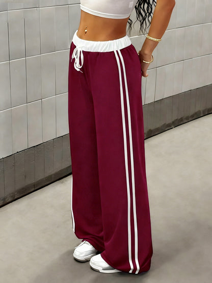 Effortless Side Stripe Wide Leg Pants for Women with High Waist Drawstring Relaxed Track Style