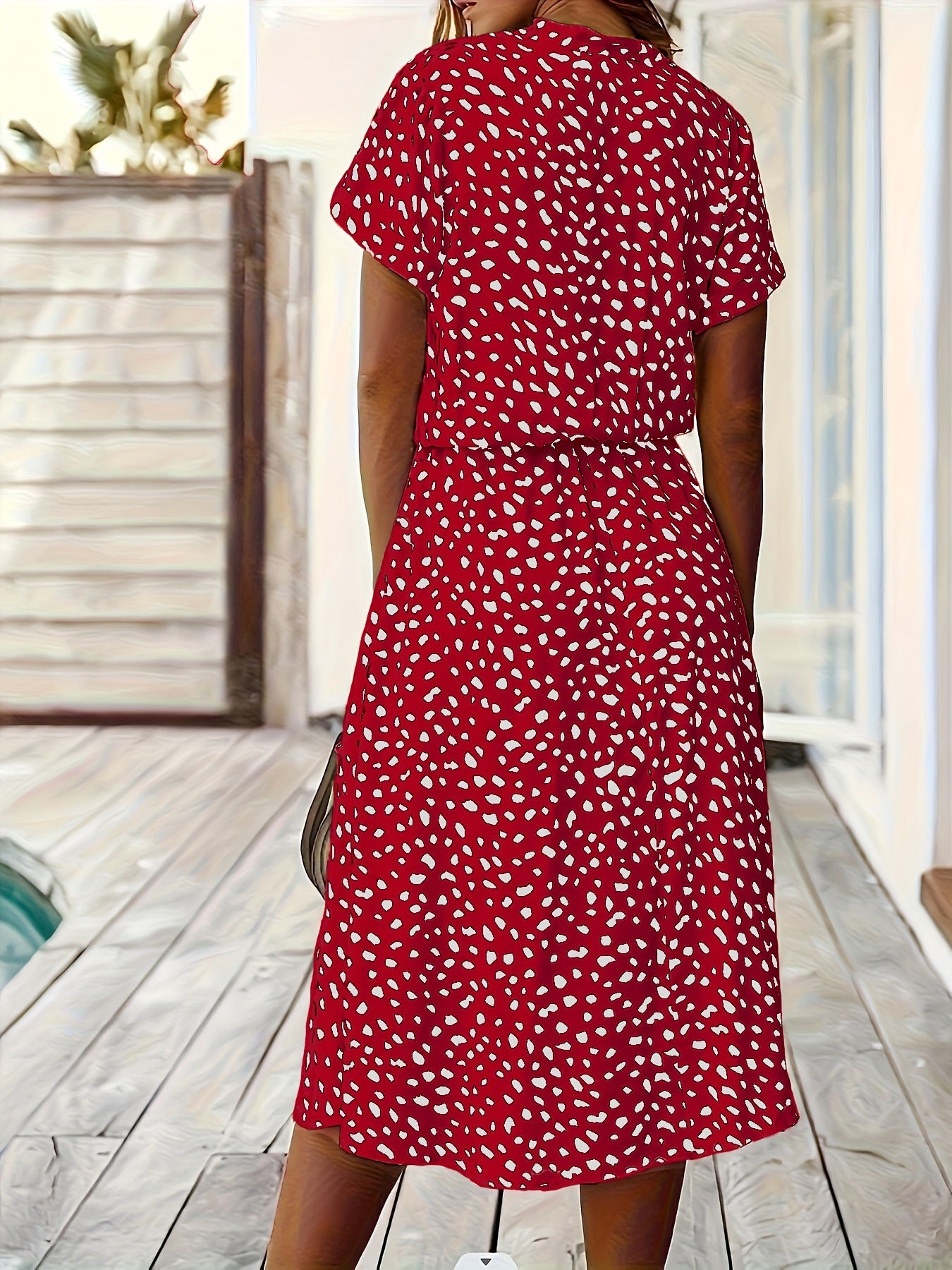 Elegant Multicolor Polka Dot Midi Dress for Women with Collar Short Sleeve Button Front Tie Waist Style