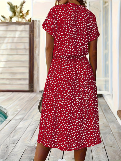 Elegant Multicolor Polka Dot Midi Dress for Women with Collar Short Sleeve Button Front Tie Waist Style