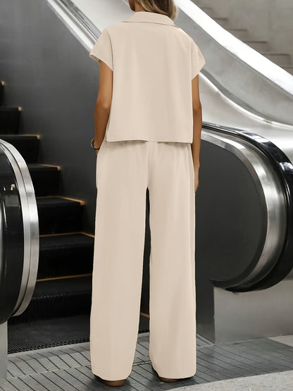 Effortless Wide Leg Set for Women with Collar Short Sleeve Utility Jacket Two Piece Style