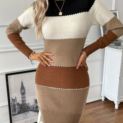 Elegant Colorblock Sweater Dress for Women with Crew Neck Long Sleeve Bodycon Knit Style
