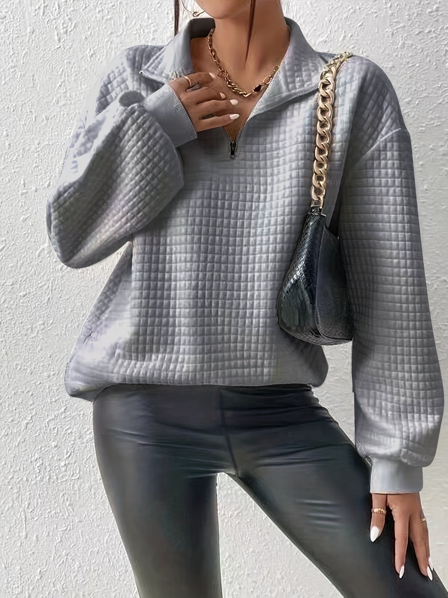 Comfortable Quilted Sweatshirt for Women with Half Zip Collar Long Sleeve Oversized Casual Style