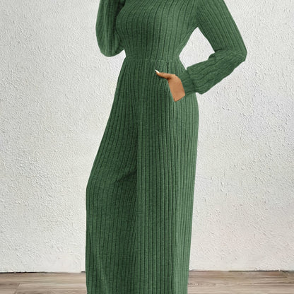 Elegant Ribbed Knit Jumpsuit for Women with Mock Neck Long Sleeve Wide Leg Casual Style