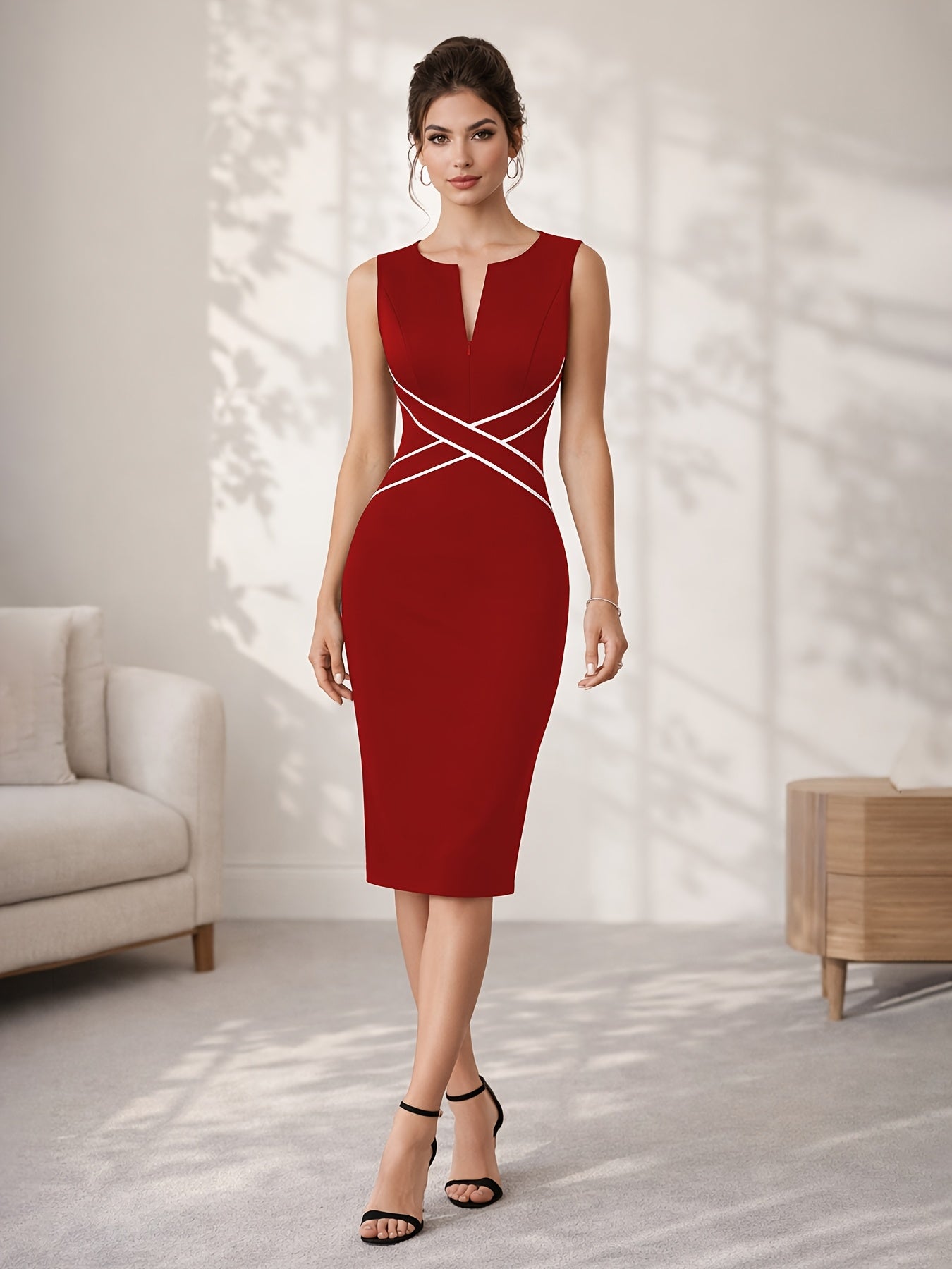 Elegant Contrast Trim Sheath Midi Dress for Women with Notch Neck Sleeveless Crisscross Waist Cocktail Style