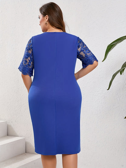 Elegant Floral Lace Bodycon Midi Dress for Women with Round Neck Half Sleeve Plus Size Formal Style