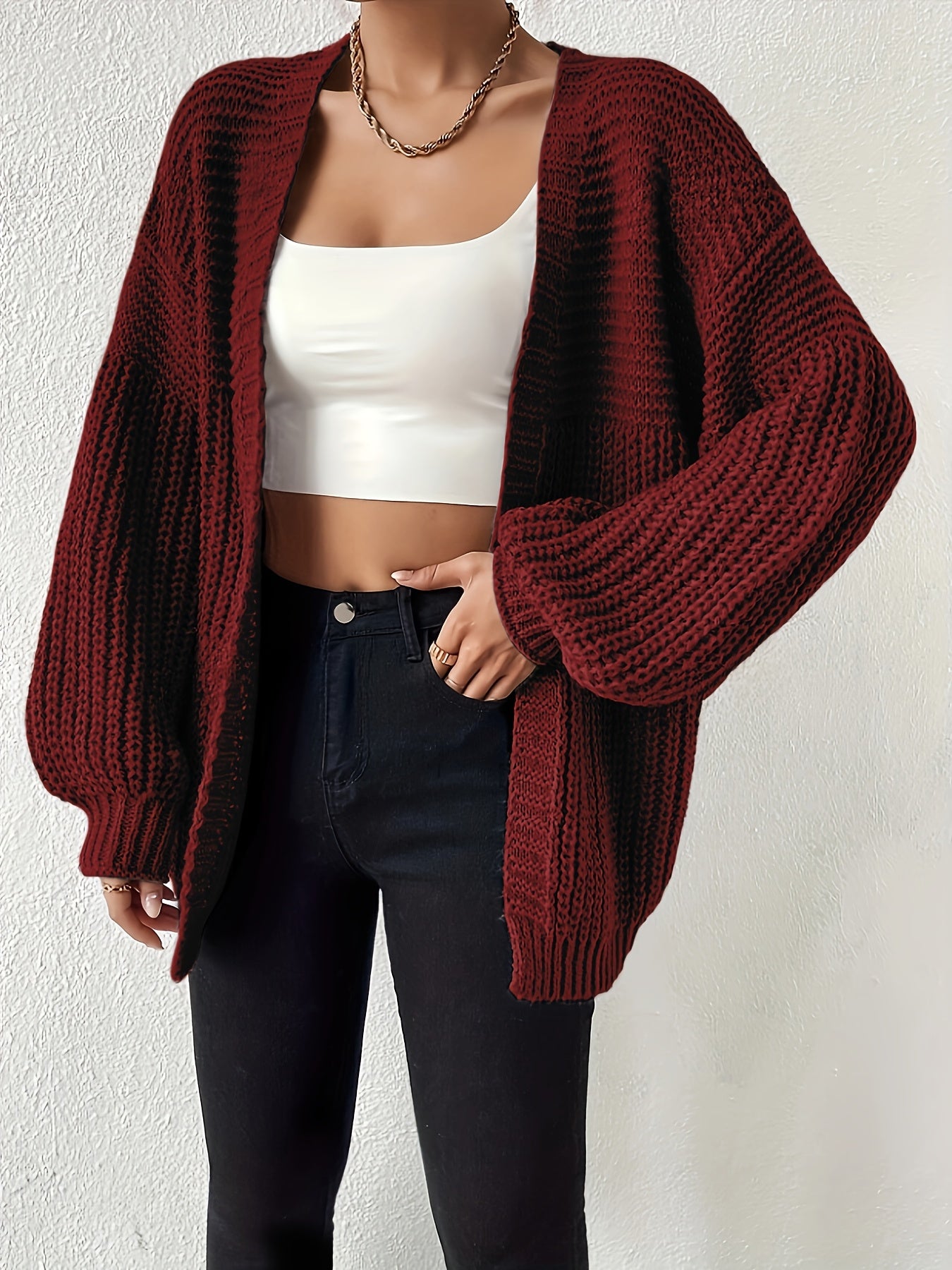Comfortable Chunky Cardigan Sweater for Women with Open Front Balloon Sleeve Oversized Relaxed Knit Style