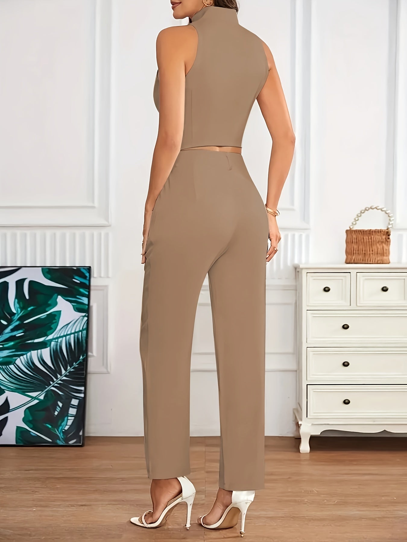 Elegant Tailored Two Piece Set for Women with V Neck Button Front Vest Wide Leg Pant Formal Style