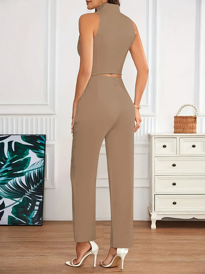 Elegant Tailored Two Piece Set for Women with V Neck Button Front Vest Wide Leg Pant Formal Style
