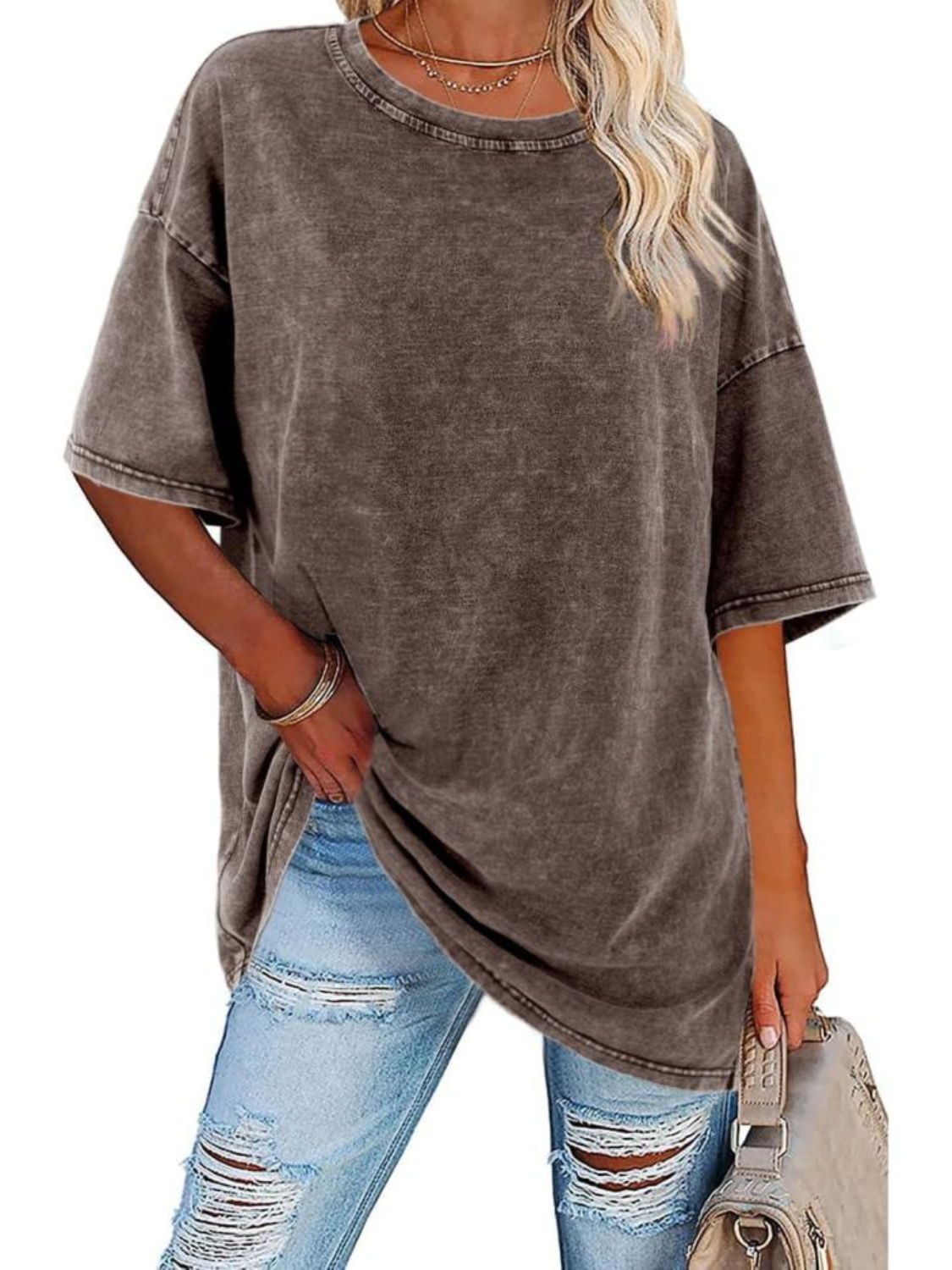 Comfortable Washed Cotton Tunic Top for Women with Crew Neck Short Sleeve Curved Hem Oversized Casual Style