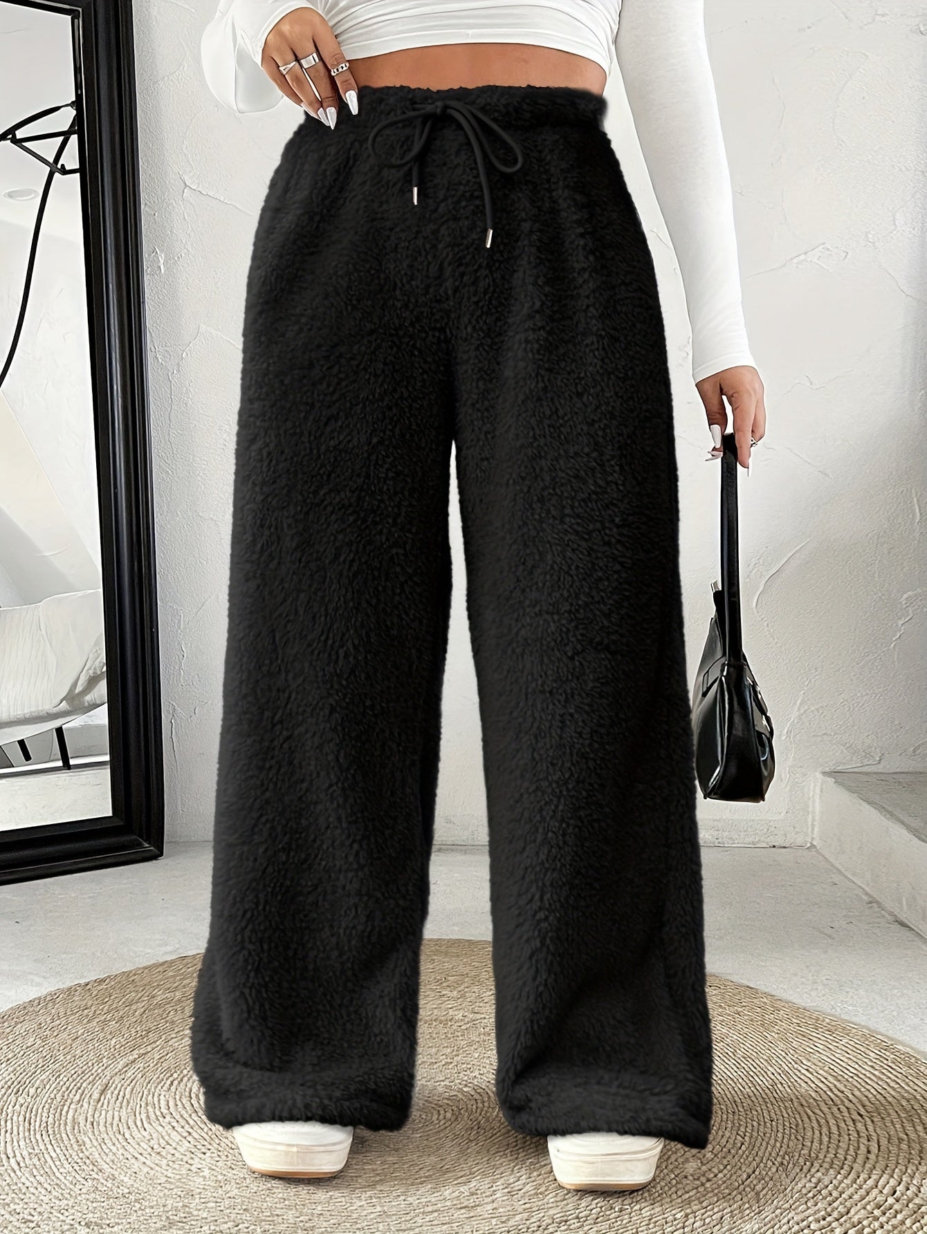 Effortless Fuzzy Fleece Wide Leg Pants for Women with High Waist Drawstring Relaxed Cozy Style