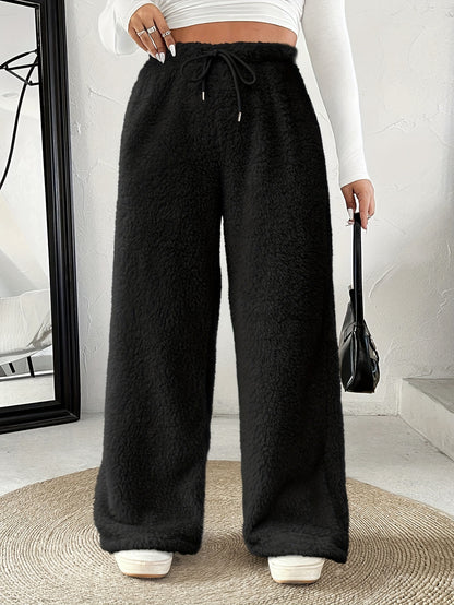 Effortless Fuzzy Fleece Wide Leg Pants for Women with High Waist Drawstring Relaxed Cozy Style