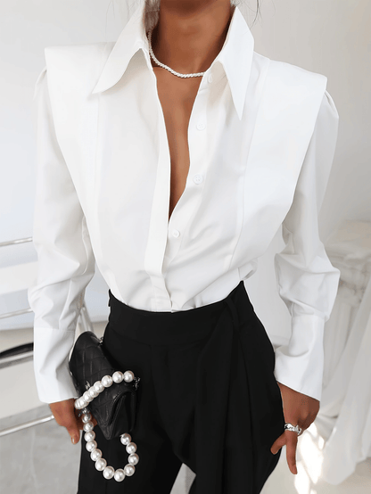 Elegant Power Shoulder Blouse for Women with Point Collar Long Sleeve Button Front Tailored Style