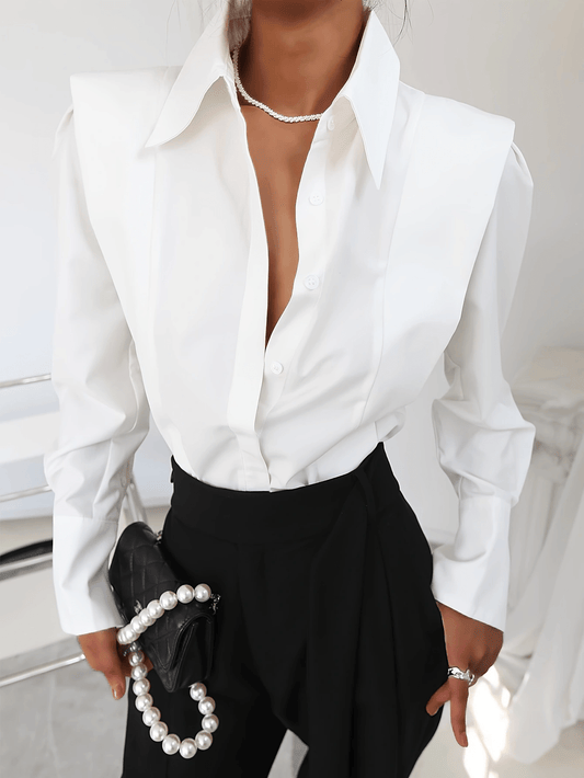 Elegant Power Shoulder Blouse for Women with Point Collar Long Sleeve Button Front Tailored Style