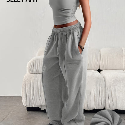 Comfortable Fleece Wide Leg Sweatpants for Women with High Waist Drawstring Relaxed Casual Style