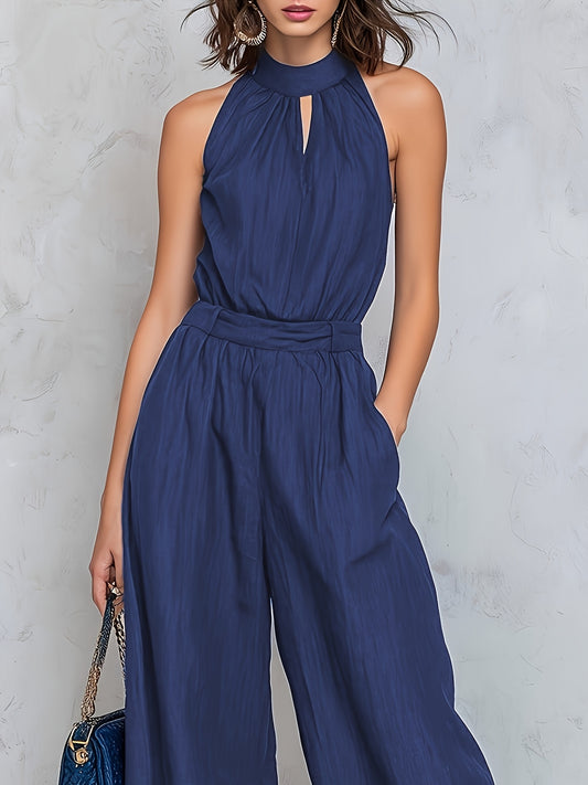 Elegant Blue Wide Leg Jumpsuit for Women with Halter Neck Keyhole Sleeveless Relaxed Style