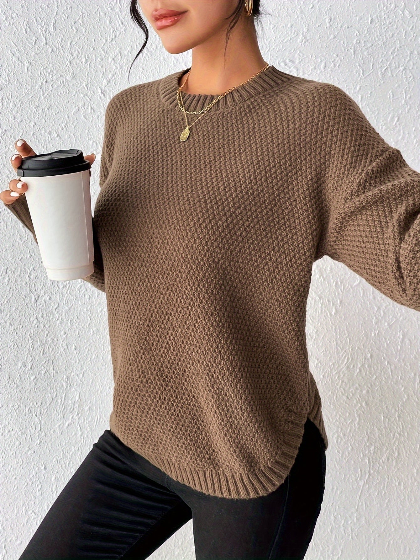 Comfortable Waffle Knit Sweater for Women with Crew Neck Long Sleeve Relaxed Oversized Casual Style
