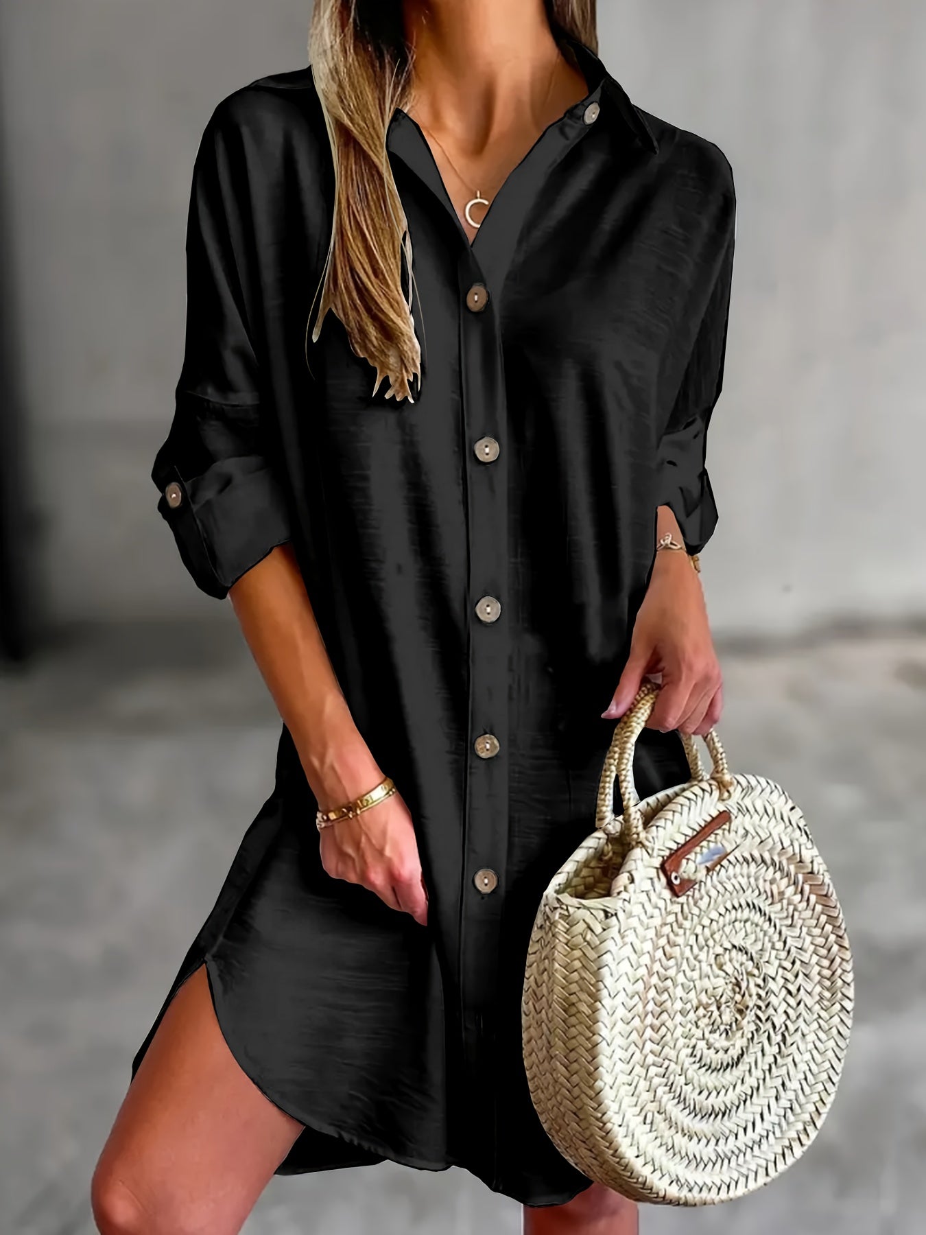 Effortless Mini Shirt Dress for Women with Collar Long Sleeve Button Front Relaxed Style