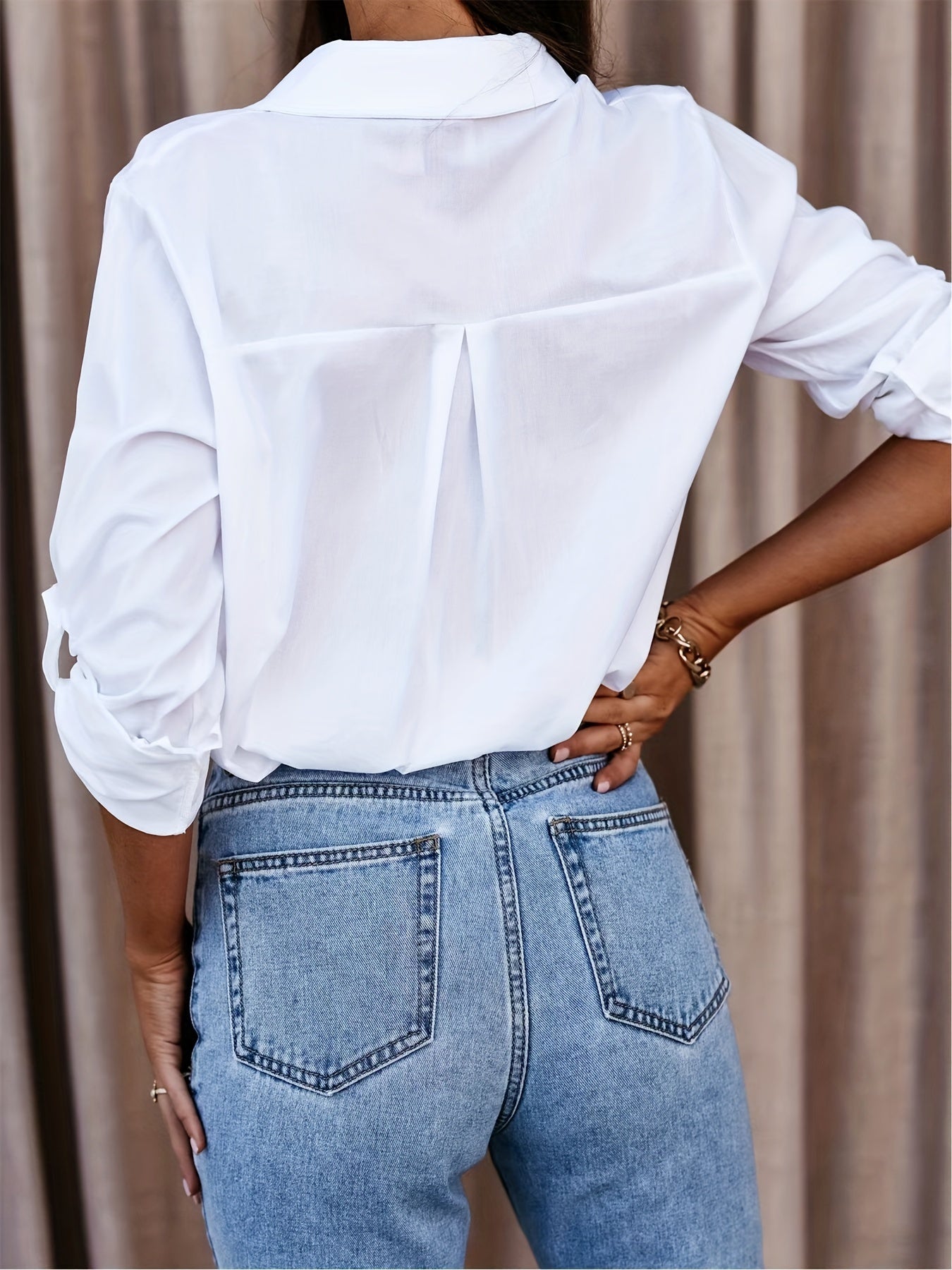 Effortless White Blouse for Women with Collar Long Sleeve Button Front Relaxed Oversized Style