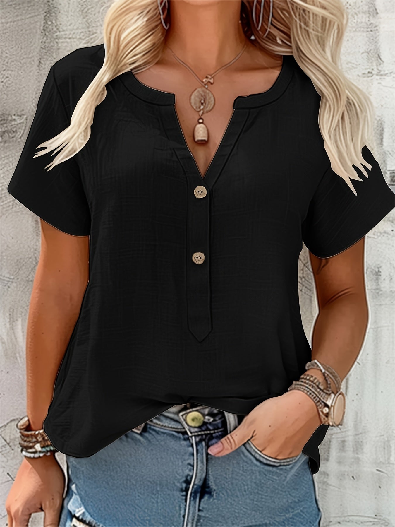Effortless Textured Linen Blouse for Women with Notch V Neck Short Sleeve Button Front Casual Style