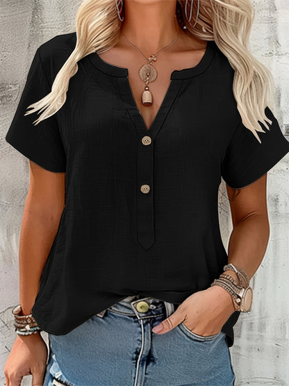 Effortless Textured Linen Blouse for Women with Notch V Neck Short Sleeve Button Front Casual Style