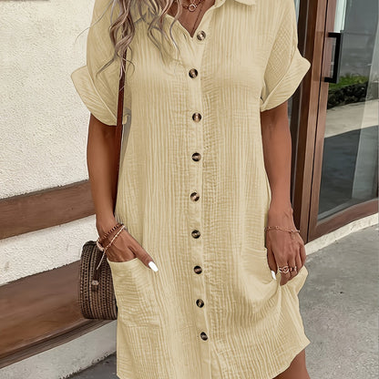 Effortless Textured Cotton Shirt Dress for Women with Collar Short Sleeve Button Front Relaxed Casual Style