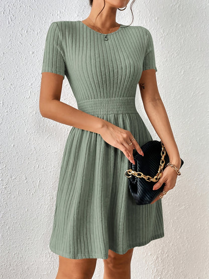 Comfortable Ribbed Knit Fit and Flare Mini Dress for Women with Round Neck Short Sleeve Smocked Waist Casual Style