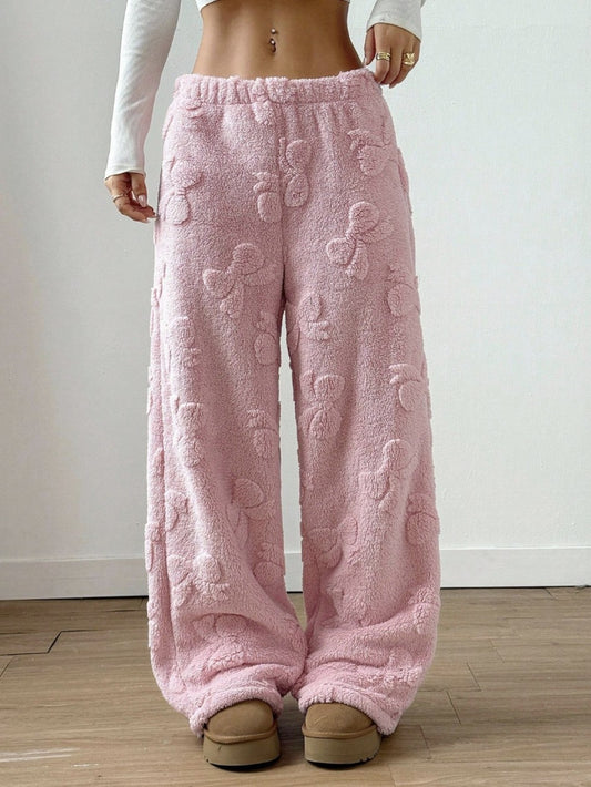 Comfortable Pink Sherpa Wide Leg Pants for Women with High Waist Elastic Bow Print Cozy Style