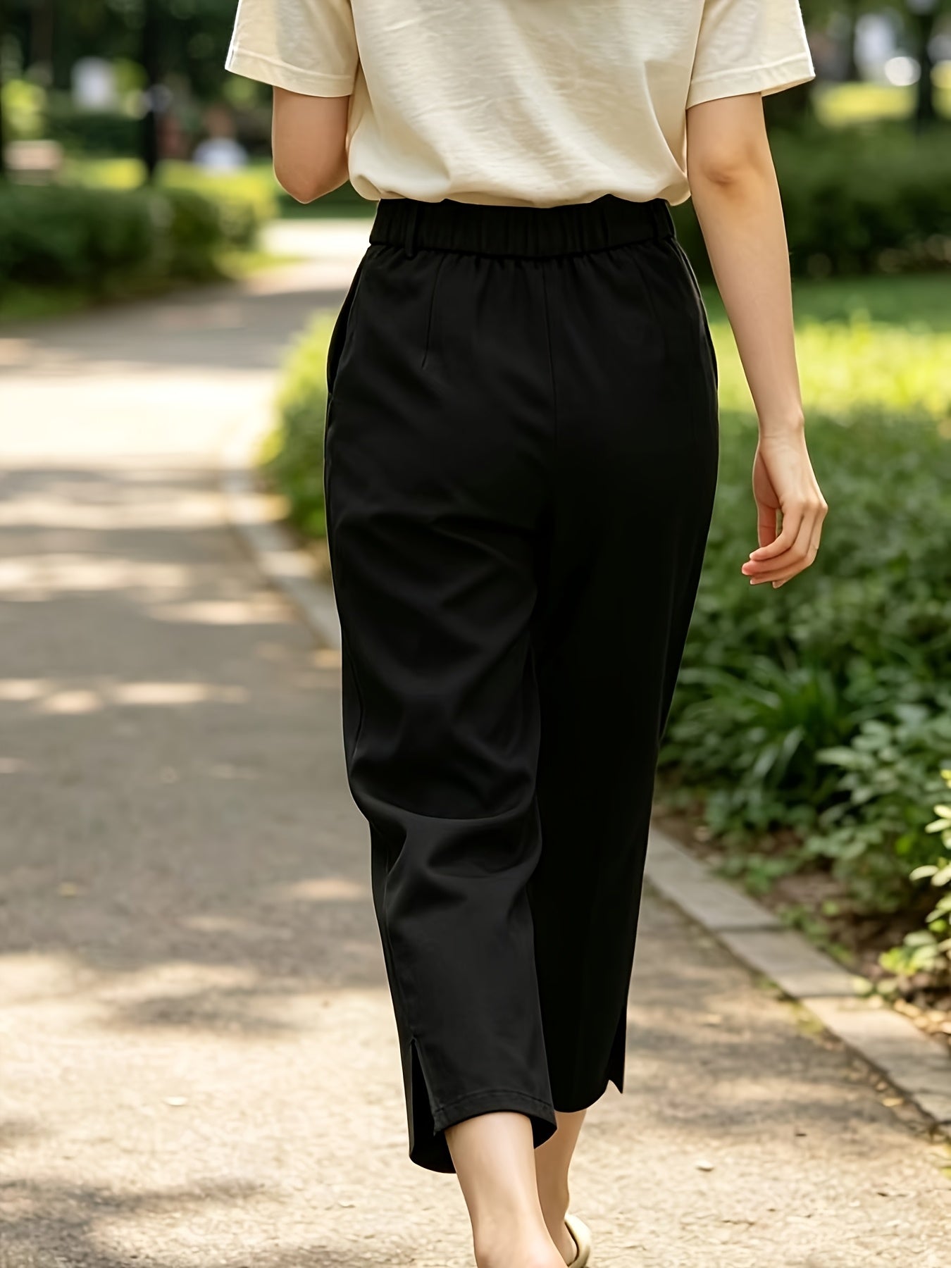 Elegant Tailored Dress Pants for Women with High Waist Button Front Side Slit Cropped Style