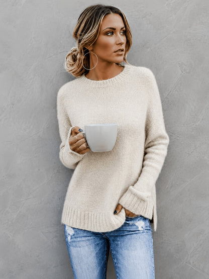 Comfortable Knit Sweater for Women with Crew Neck Bell Sleeve Side Slit Oversized Style