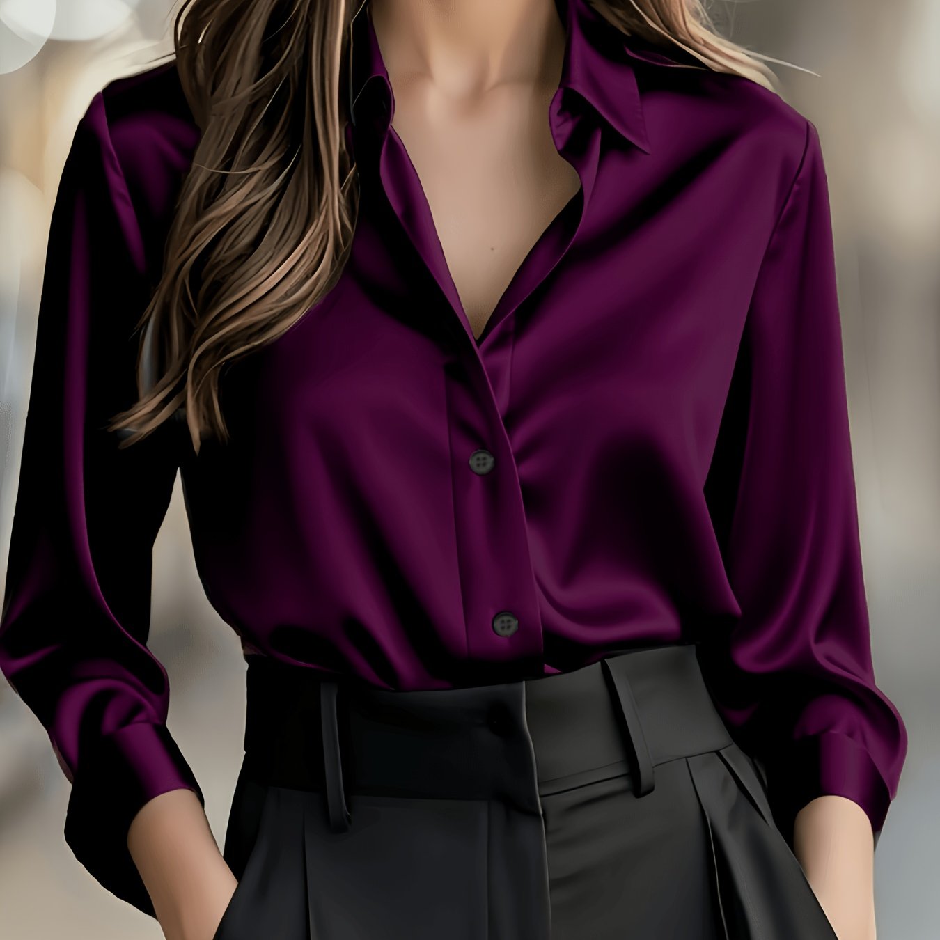 Elegant Satin Blouse for Women with Collar Long Sleeve Button Front Relaxed Silky Style