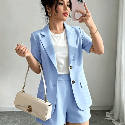Elegant Tailored Short Suit for Women with Notched Lapel Half Sleeve Button Front Blazer Two Piece Style