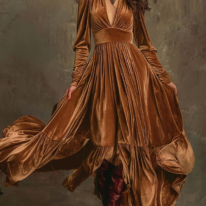 Elegant Velvet Maxi Dress for Women with Plunging V Neck Long Sleeve Tiered Ruffle Flowing Style