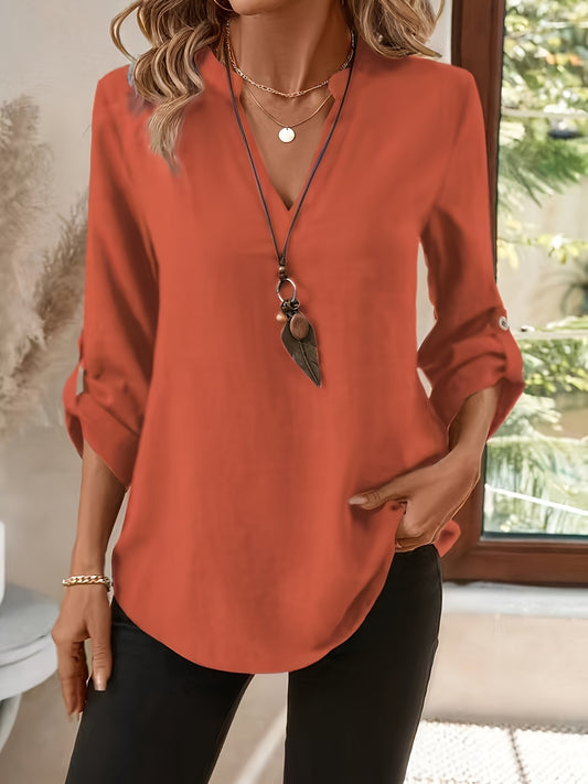 Effortless Tunic Blouse for Women with Collar V Neck Long Sleeve Roll Tab Relaxed Style