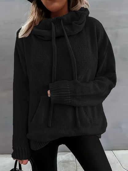 Comfortable Knit Sweater for Women with Cowl Neck Long Sleeve Drawstring Oversized Relaxed Style