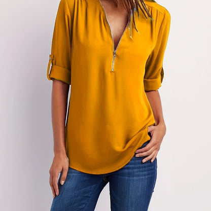 Effortless Chiffon Blouse for Women with V Neck Zip Front Roll Tab Sleeve Relaxed Style