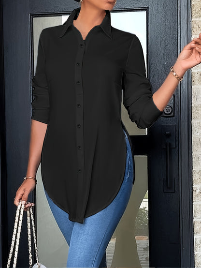 Effortless Tunic Blouse for Women with Collar Long Sleeve Button Front High Low Hem Style