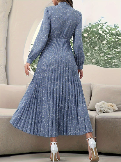 Elegant Polka Dot Maxi Dress for Women with Tie Neck Long Sleeve Pleated Belted Flowing Style