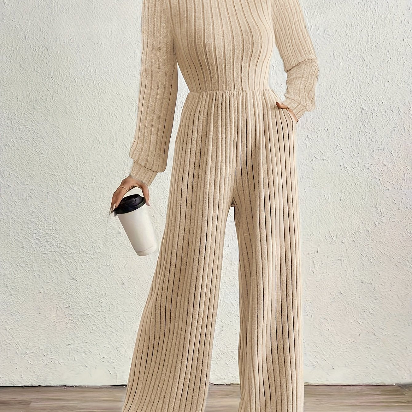 Elegant Ribbed Knit Jumpsuit for Women with Mock Neck Long Sleeve Wide Leg Casual Style
