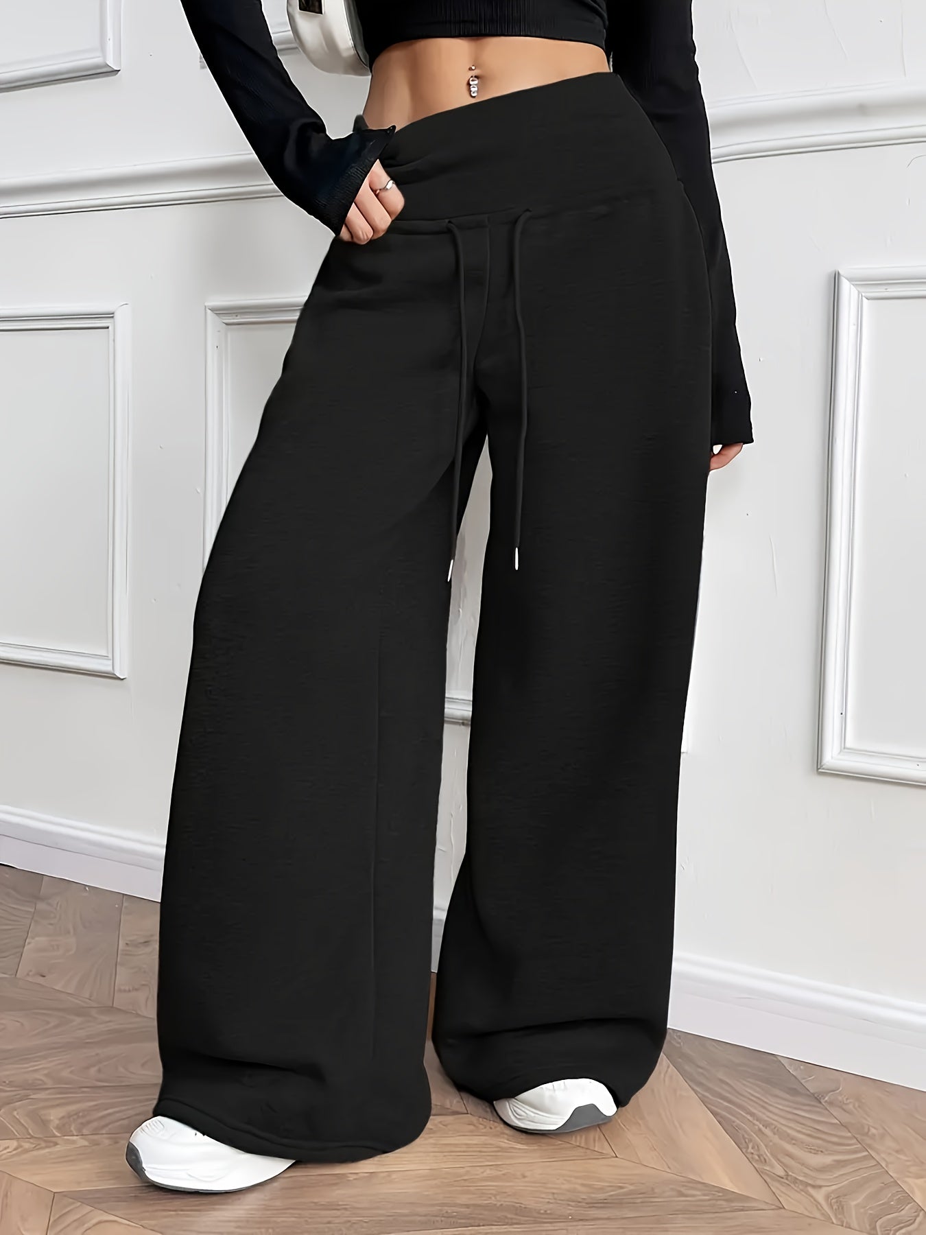 Effortless Fleece Wide Leg Pants for Women with High Waist Drawstring Relaxed Flowing Casual Style