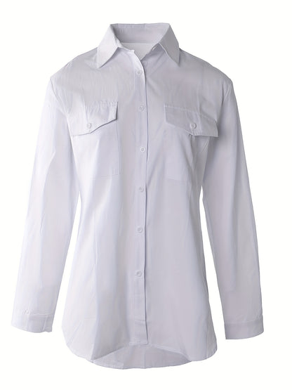 Effortless Utility Blouse for Women with Collar Long Sleeve Button Front Patch Pocket Relaxed Style