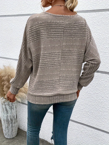 Comfortable Striped Knit Sweater for Women with Boat Neck Batwing Sleeve Ribbed Oversized Style