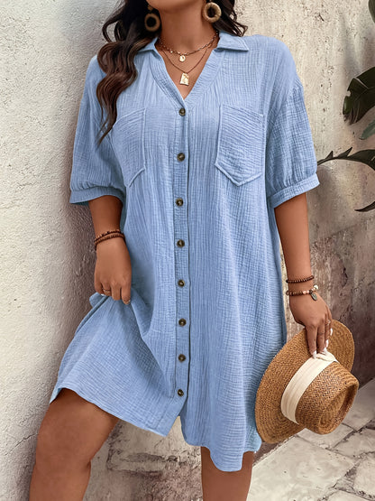Effortless Wheat Cotton Shirt Dress for Women with Collar V Neck Elbow Sleeve Button Front Relaxed Style