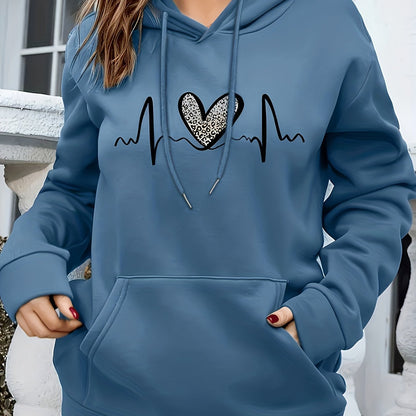 Effortless Heartbeat Print Hoodie for Women with Drawstring Long Sleeve Kangaroo Pocket Relaxed Style